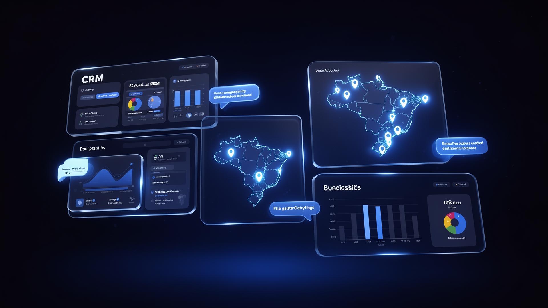 Painel da plataforma Mobiliza360 mostrando CRM, mapa do Brasil e analytics